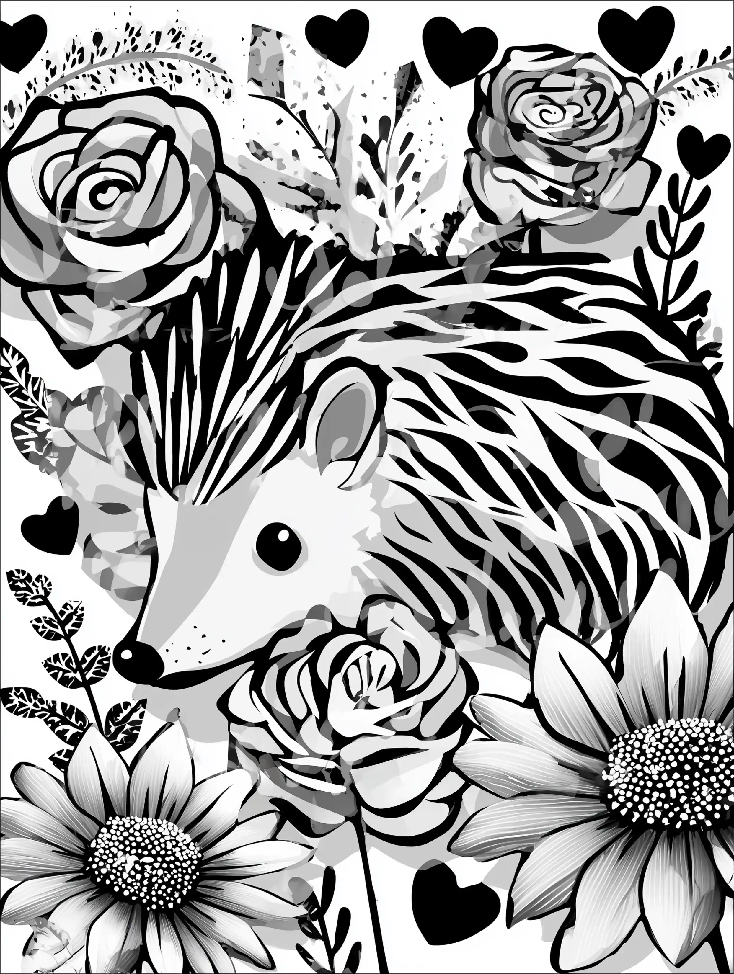 Free printable zoo coloring sheet featuring a porcupine with floral details